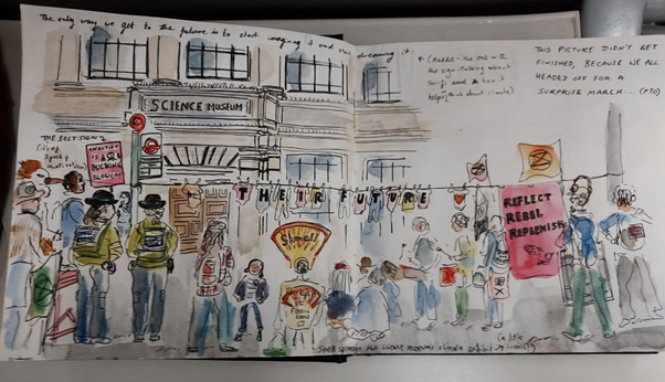 Illustration by Imogen Foxell, portraying protest outside Science Museum