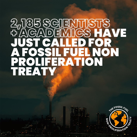2,185 scientists + academics have just called for a fossil fuel non proliferation treaty. Backdrop: an industrial plant spewing smoke from a chimney.
Logo in corner: The Fossil Fuel Non Proliferation Treaty.
[Photo Credit: fossilfueltreaty.org]